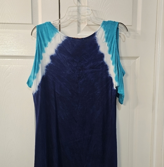 Belldini Open Sleeved Aqua, Navy Blue & White short sleeved shirt w Bling Large - Picture 3 of 9